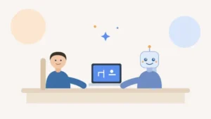 人とAIが横並びで机に向かい、一緒に作業している様子